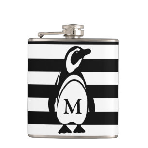 Monogram zwarte en witte pinguïn en stripes heupfles