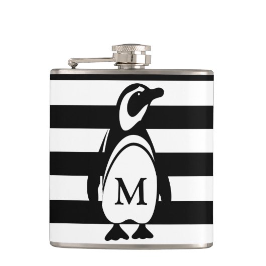 Monogram zwarte en witte pinguïn en stripes heupfles (Voorkant)