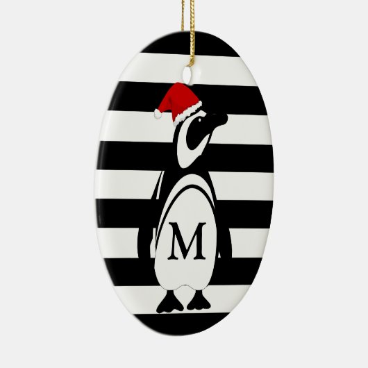 Monogram zwarte en witte pinguïn en stripes keramisch ornament (Rechts)