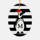 Monogram zwarte en witte pinguïn en stripes keramisch ornament (Voorkant)