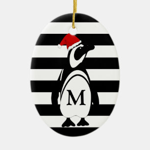 Monogram zwarte en witte pinguïn en stripes keramisch ornament