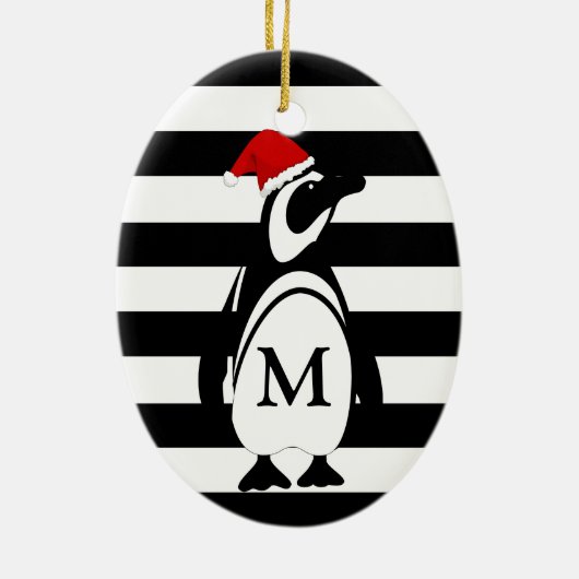 Monogram zwarte en witte pinguïn en stripes keramisch ornament (Achterkant)