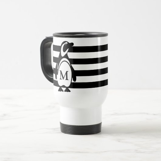 Monogram zwarte en witte pinguïn en stripes reisbeker (Voorkant links)