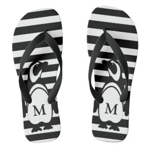 Monogram zwarte en witte pinguïn en stripes teenslippers