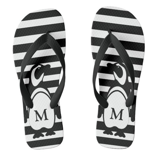 Monogram zwarte en witte pinguïn en stripes teenslippers (Voetbed)