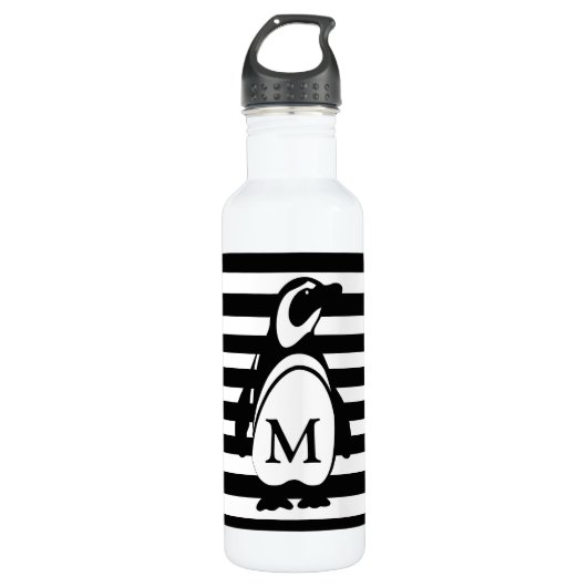 Monogram zwarte en witte pinguïn en stripes waterfles  (Voorkant)