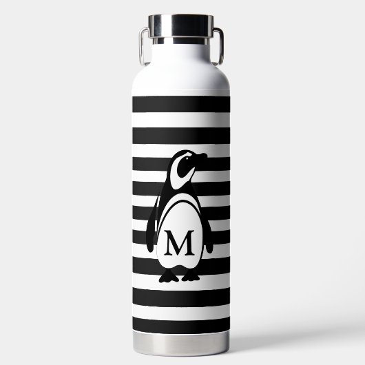 Monogram zwarte en witte pinguïn en stripes waterfles (Voorkant)