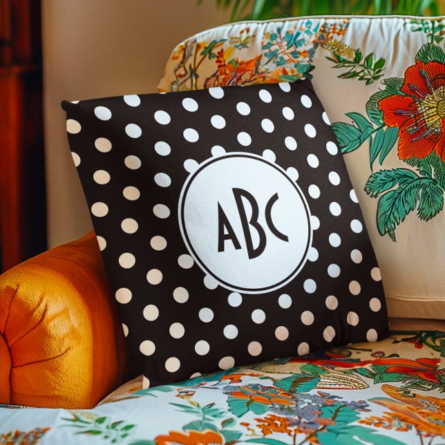 Monogram zwarte en witte poka Dot Kussen (Black and White Polka Dot Monogram Throw Pillow)