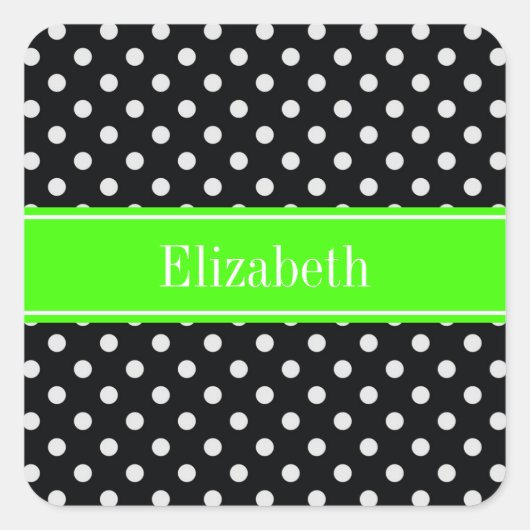 Monogram zwarte en witte poka Dots Limoen Naam Vierkante Sticker (Voorkant)