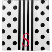 Monogram zwarte en witte streep en Poolse stippen Douchegordijn (Voorkant)