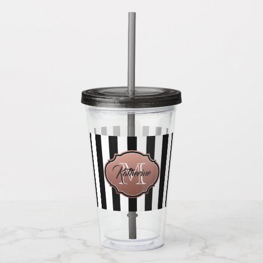 Monogram zwarte en witte strepen acryl drinkbeker (Voorkant)