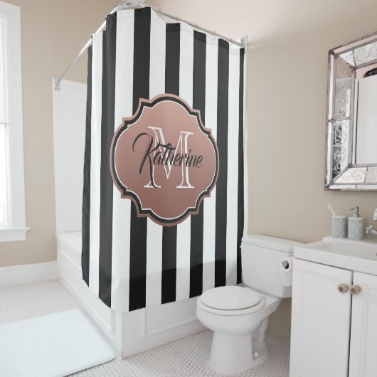 Monogram zwarte en witte strepen douchegordijn (In situ)