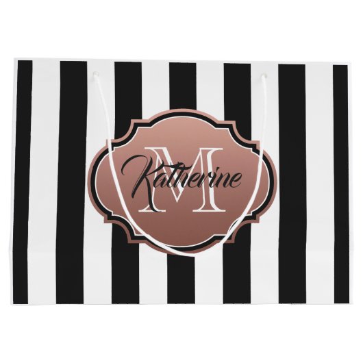 Monogram zwarte en witte strepen groot cadeauzakje (Achterkant)