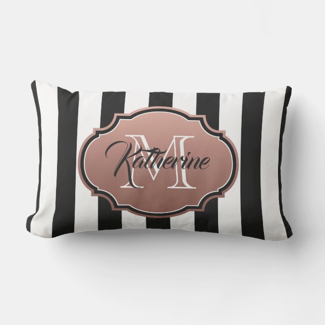 Monogram zwarte en witte strepen kussen (Voorkant)