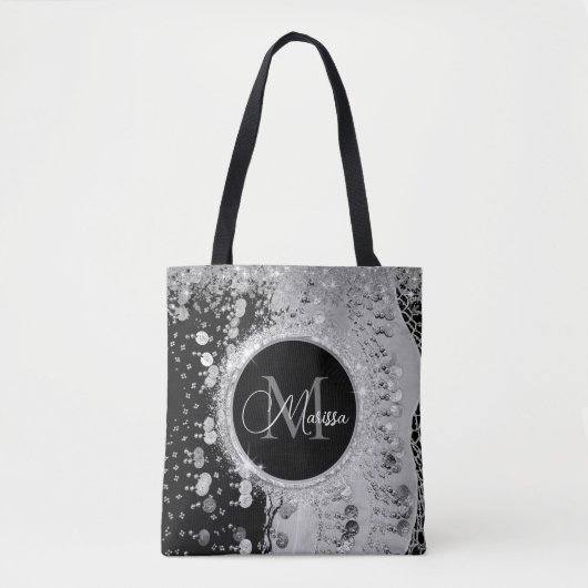 Monogram zwarte en zilveren glitter munten tote bag (Voorkant)