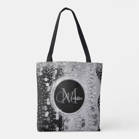 Monogram zwarte en zilveren glitter munten tote bag (Achterkant)