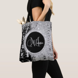 Monogram zwarte en zilveren glitter munten tote bag