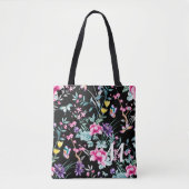 Monogram zwarte Floral en vlinder Tote Bag (Voorkant)
