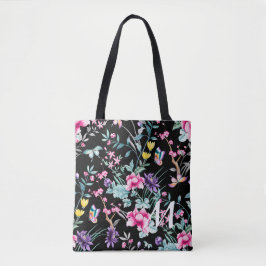 Monogram zwarte Floral en vlinder Tote Bag