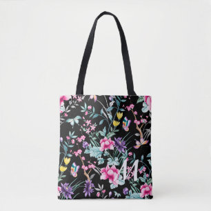 Monogram zwarte Floral en vlinder Tote Bag