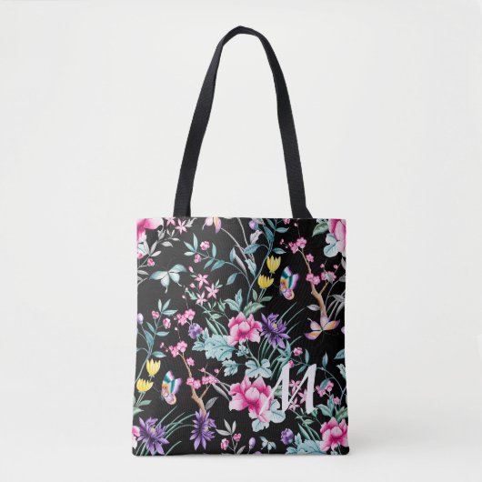 Monogram zwarte Floral en vlinder Tote Bag (Voorkant)