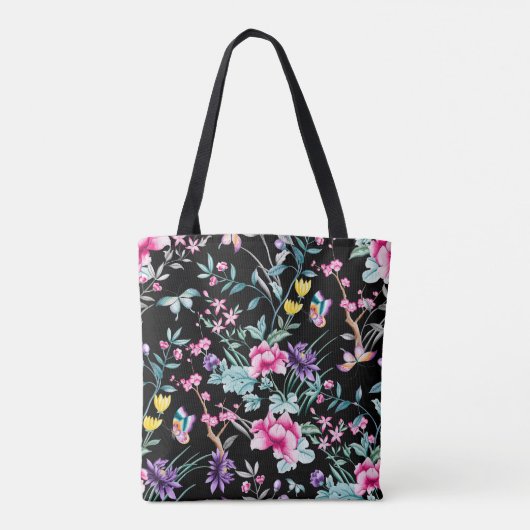 Monogram zwarte Floral en vlinder Tote Bag (Achterkant)