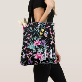 Monogram zwarte Floral en vlinder Tote Bag (Dichtbij)
