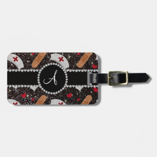 Monogram zwarte glitter verpleegster pet hart bagagelabel