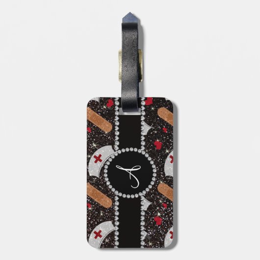 Monogram zwarte glitter verpleegster pet hart bagagelabel (Achterkant verticaal)