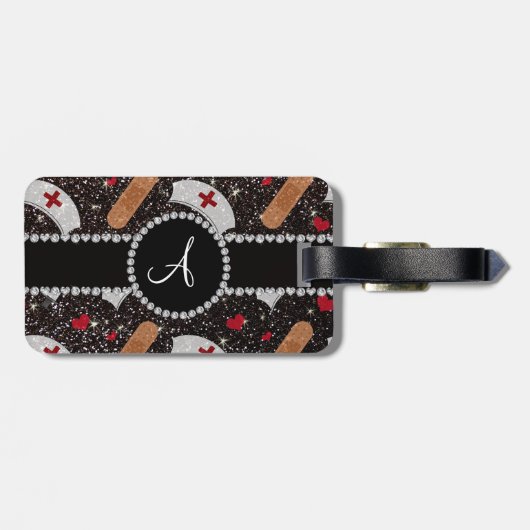 Monogram zwarte glitter verpleegster pet hart bagagelabel (Achterkant horizontaal)