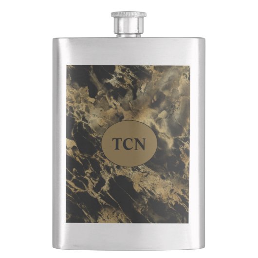 Monogram Zwarte Goud Marmer Agate Bruidsjonker cad Flacon (Voorkant)