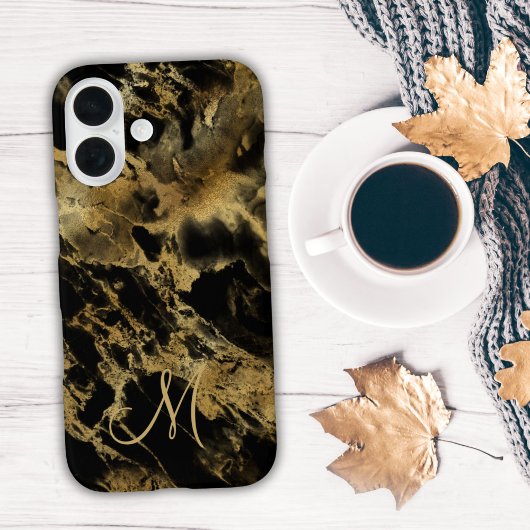 Monogram Zwarte Goud Marmer Aquarel Alcoholinkt Case-Mate iPhone Case