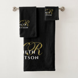 Monogram Zwarte Goud Witte Minimalistische Elegant Bad Handdoek