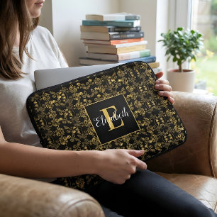 Monogram Zwarte Gouden Damast Gepersonaliseerde Na Laptop Sleeve