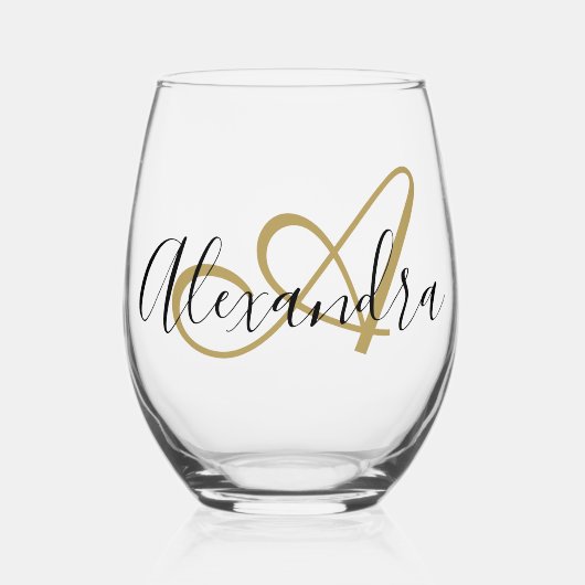 Monogram Zwarte Gouden Elegante Script Naam Wijnglas Zonder Voet (Voorkant)