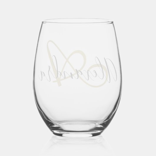 Monogram Zwarte Gouden Elegante Script Naam Wijnglas Zonder Voet (Achterkant)