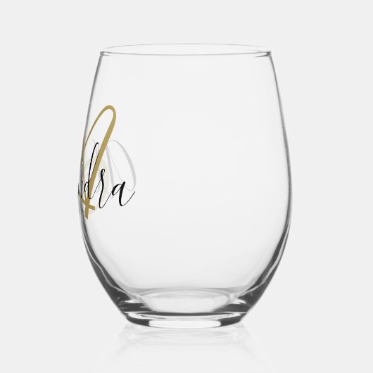 Monogram Zwarte Gouden Elegante Script Naam Wijnglas Zonder Voet (Links)