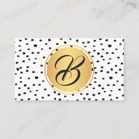 Monogram zwarte, gouden en witte poka-stippen visitekaartje (Voorkant)