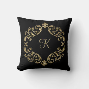 Monogram Zwarte Gouden Glitter Damast Bloeiende Sp Kussen