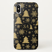 Monogram zwarte gouden kerstboomschilfers Case-Mate iPhone case (Achterkant)