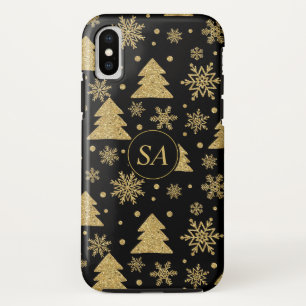 Monogram zwarte gouden kerstboomschilfers Case-Mate iPhone case