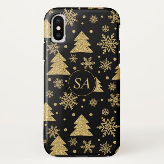 Monogram zwarte gouden kerstboomschilfers Case-Mate iPhone case (Achterkant)