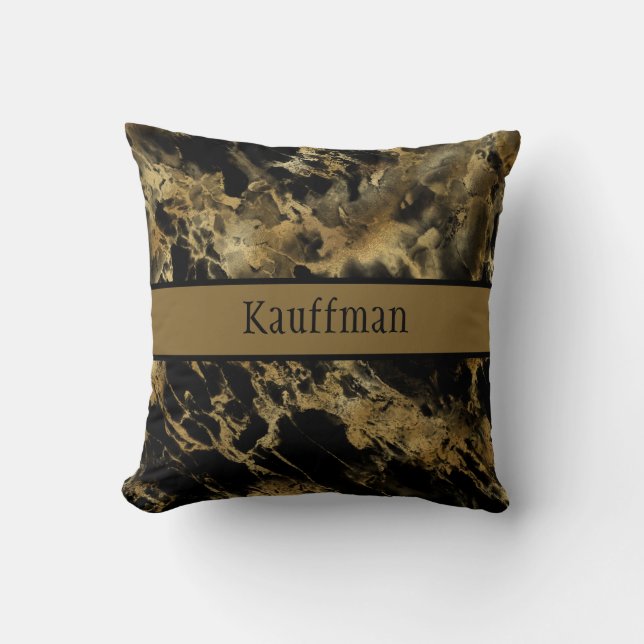 Monogram Zwarte Gouden Marmer Agaat Trendy Chic  Kussen (Voorkant)