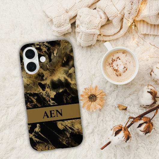 Monogram Zwarte Gouden Marmer Waterverfwas Case-Mate iPhone Case