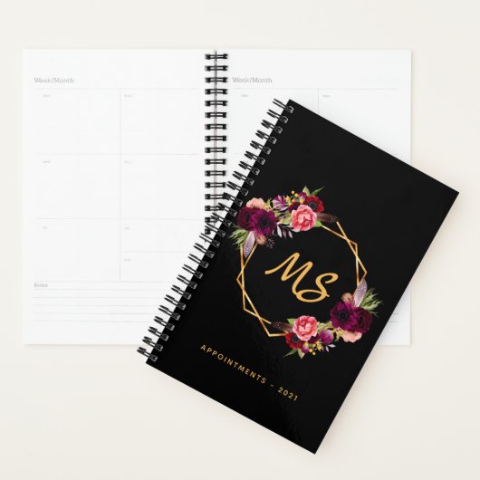 Monogram zwarte goudgeometrische burgungbloem planner (Display)