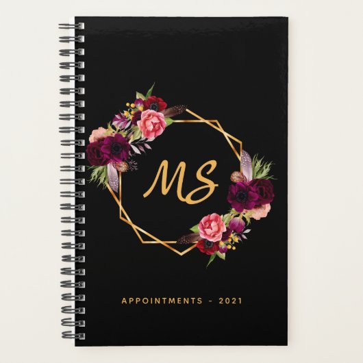 Monogram zwarte goudgeometrische burgungbloem planner (Voorkant)