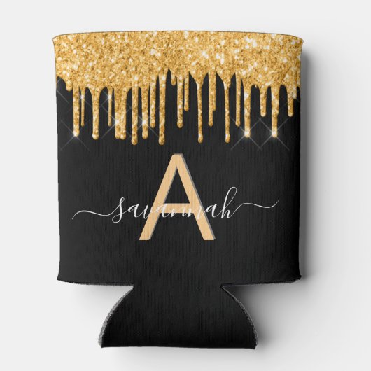 Monogram zwarte goudglitter druppelt de vonkernaam blikjeskoeler (Achterkant)