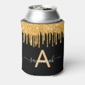 Monogram zwarte goudglitter druppelt de vonkernaam blikjeskoeler (Blikje Achterkant)