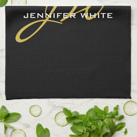 Monogram zwarte goudkleur Gewoon Moderne Naam Theedoek (Gevouwen)