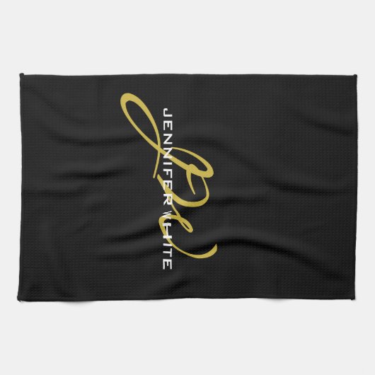 Monogram zwarte goudkleur Gewoon Moderne Naam Theedoek (Horizontaal)